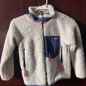 Patagonia Retro fleece Cream Sherpa Jacket XS size 5-6 , navy with pink accents
